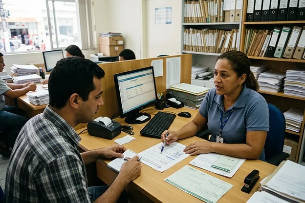 Despachante orientando um cliente sobre licenciamento de veículo em Feira de Santana.
